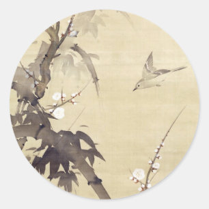 竹に鳥, 其一 Bird and Bamboo, Kiitsu, Japan Art Classic Round Sticker