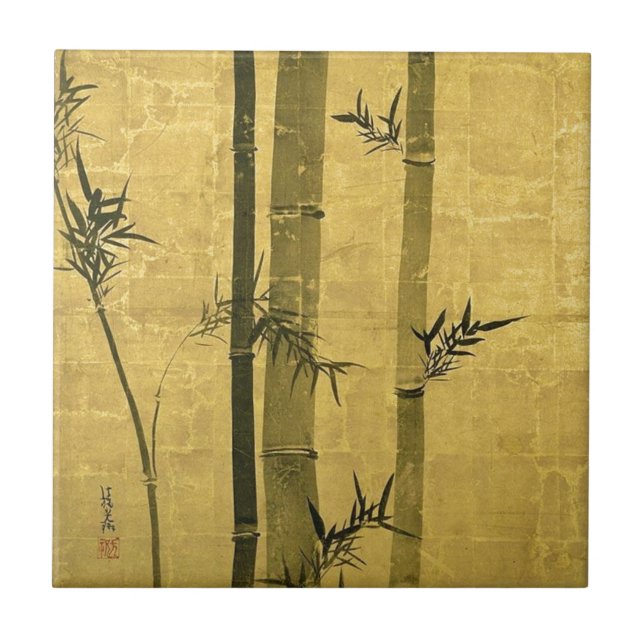 竹図, 光琳 Bamboo, Ogata Kōrin, Sumi-e Tile (Front)