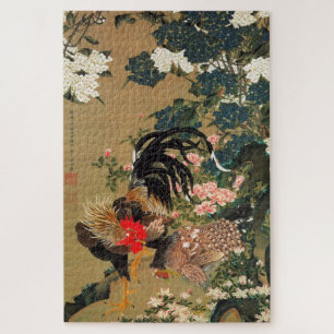 紫陽花双鶏図, 若冲 Hydrangea and Rooster, Jakuchū Jigsaw Puzzle