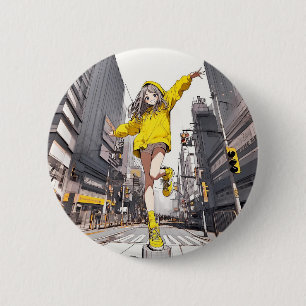 缶バッジ Happy! Yellow JK badge｜寿司娘 GenerativeAI 2 Inch Round Button