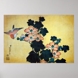 芙蓉に雀, 北斎 Hibiscus Mutabilis and Sparrow, Hokusai Poster