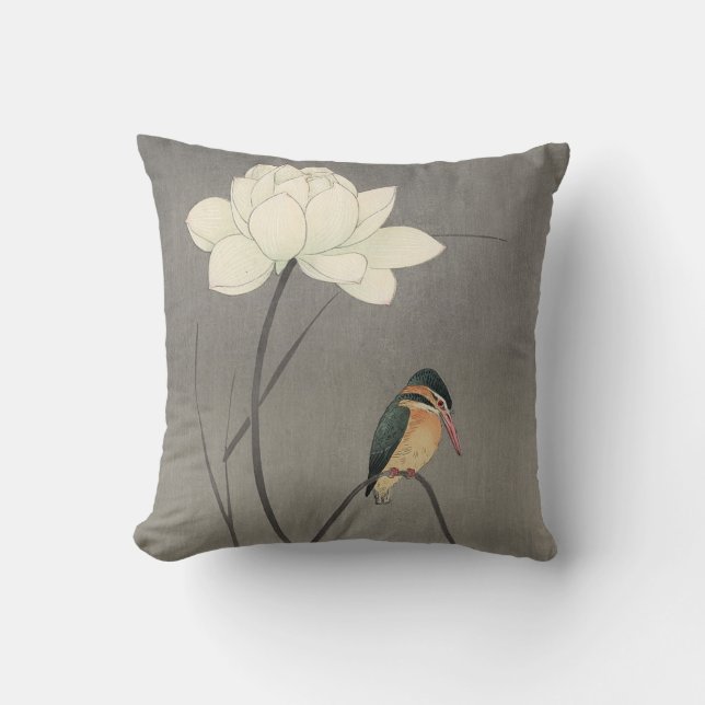 蓮にカワセミ, 古邨 Kingfisher on Lotus, Koson, Ukiyo-e Throw Pillow (Front)