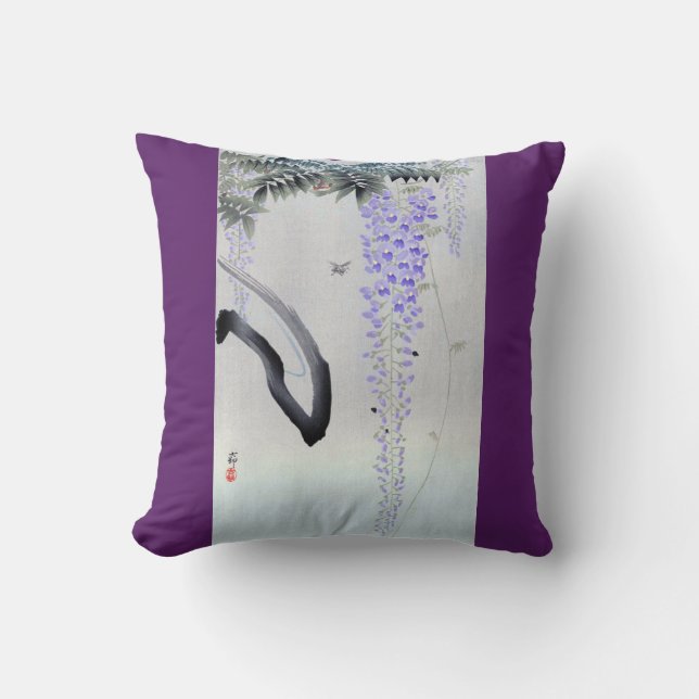藤の花, 古邨 Flowering Wisteria, Ohara Koson, Woodcut Throw Pillow (Front)