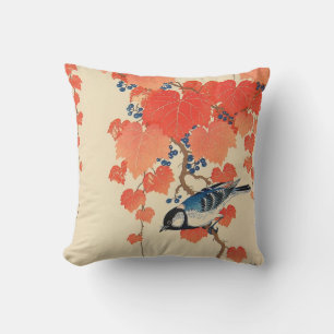 赤い蔦に鳥, 古邨 Bird on Red Ivy, Koson, Ukiyo-e Throw Pillow