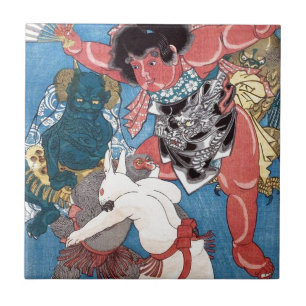 金太郎と動物,国芳 Kintaro & Animals, Kuniyoshi, Ukiyo-e Tile