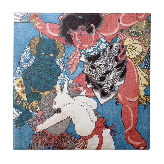 金太郎と動物,国芳 Kintaro & Animals, Kuniyoshi, Ukiyo-e Tile (Front)