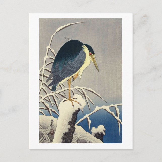 雪に青サギ, 小原古邨 Blue heron in the Snow, Ohara Koson Postcard (Front)