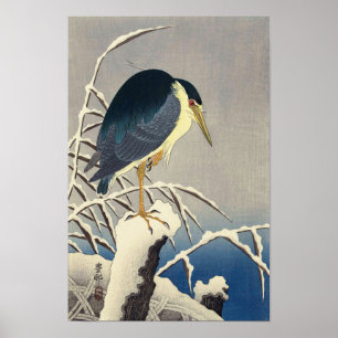 雪に青サギ, 小原古邨 Blue heron in the Snow, Ohara Koson Poster