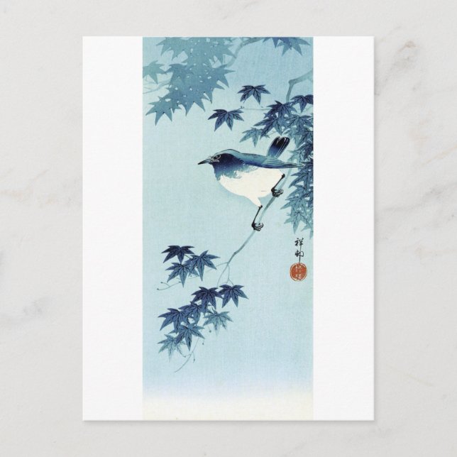 青い鳥, 古邨 Bird in Blue, Koson, Ukiyo-e Postcard (Front)