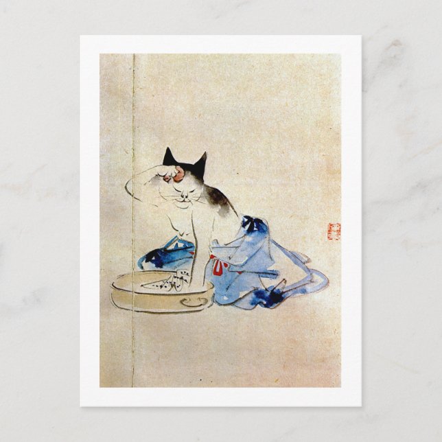 顔を洗う猫, 広重 Cat Face Wash, Hiroshige Postcard (Front)