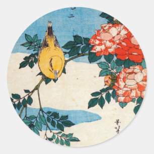 黄鳥と薔薇, 北斎 Yellow Bird and Rose, Hokusai, Ukiyo-e Classic Round Sticker