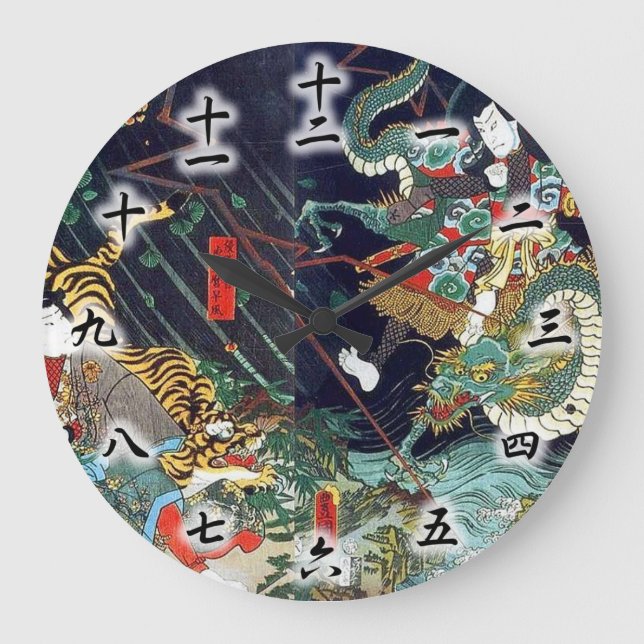 龍虎, 豊国 Dragon & Tiger, Toyokuni, Ukiyo-e Large Clock (Front)
