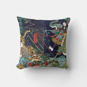 龍虎, 豊国 Dragon & Tiger, Toyokuni, Ukiyo-e Throw Pillow