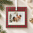 Search for red and green plaid ornaments Gold script