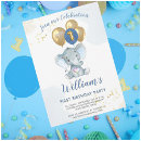 Search for blue elephant birthday invitations One year old