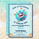 Search for shark 1st birthday invitations Blue