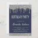 Search for navy blue silver birthday invitations Glitter