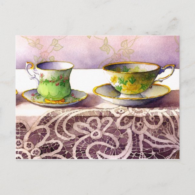 0001 Teacups on Lace Greeting Postcard (Front)