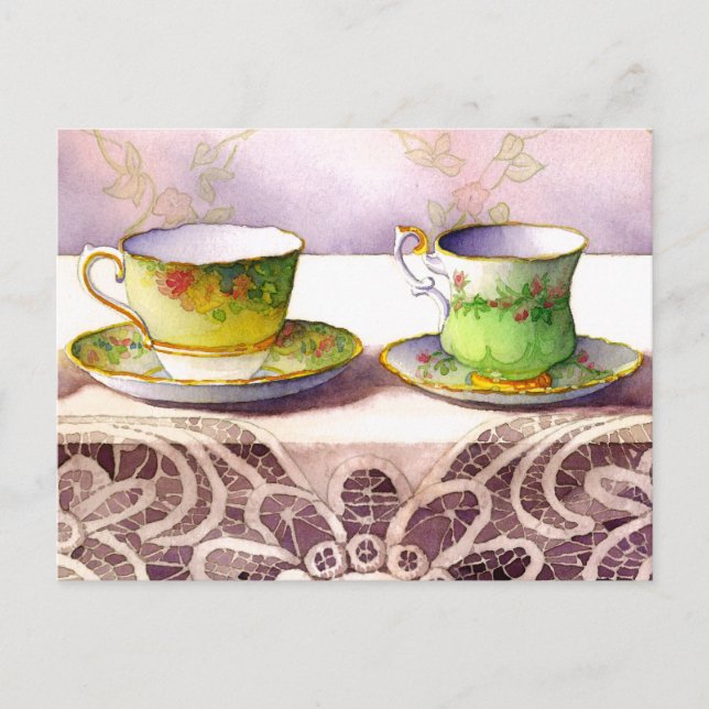 0001 Teacups on Lace Greeting Postcard (Front)