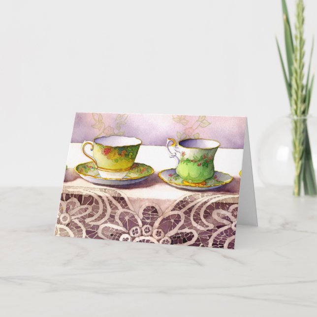0001 Teacups sur dentelle carte d'anniversaire (Devant)