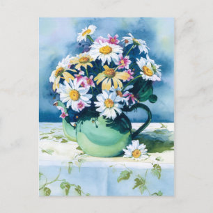 0006 Daisies in Green Teapot Postcard