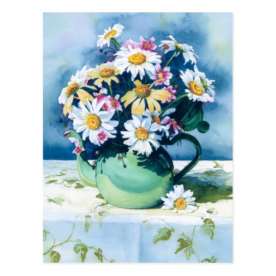 0006 Daisies in Green Teapot Postcard