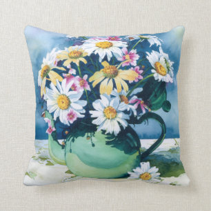 0006 Daisies in Green Teapot Throw Pillow