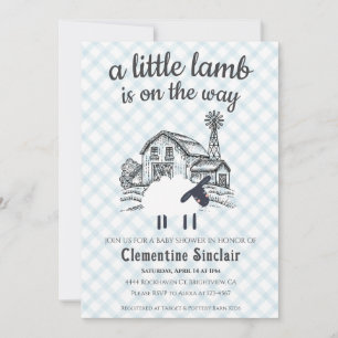 001 Sky Blue A Little Lamb Gingham Baby Shower Invitation
