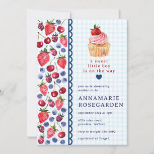 001 Sky Blue Berry Patch Cupcake Baby Shower Invitation