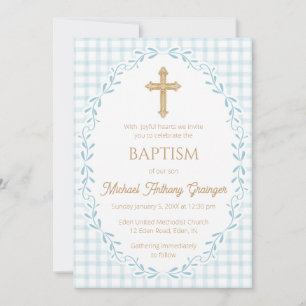 001 Sky Blue Botanical Vine Ornate Cross Baptism Invitation