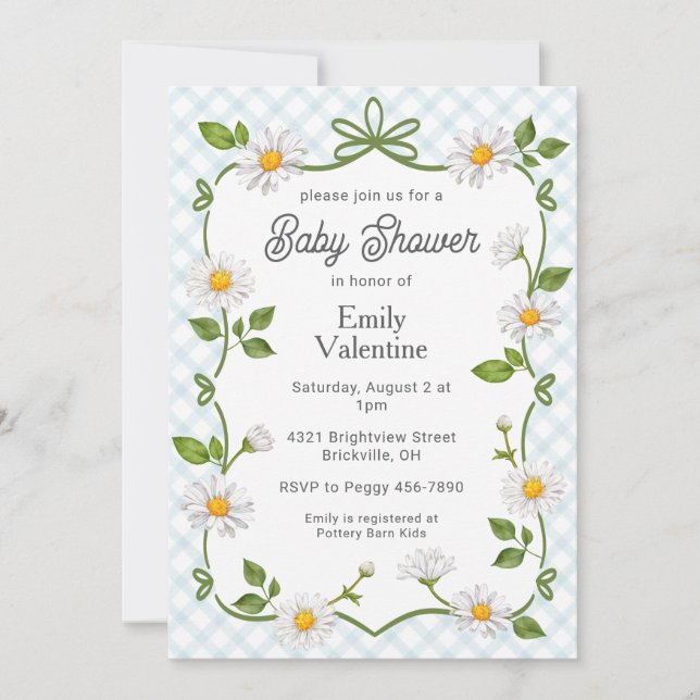 001 Sky Blue Daisy Plaid Baby Shower Invitation (Front)