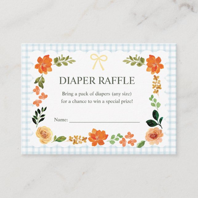 001 Sky Blue Gingham Baby Shower Diaper Raffle Enclosure Card (Front)