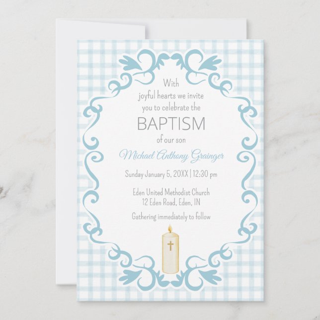 001 Sky Blue Scroll Gingham Cross Candle Baptism Invitation (Front)