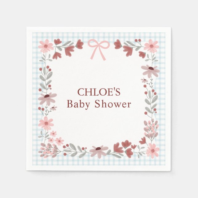 001 Sky Blue Wildflower Bow Frame Gingham Shower Napkin (Front)