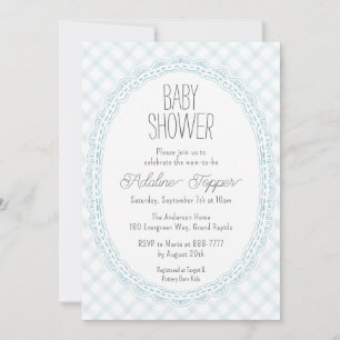 001 Sky Vintage Lace Frame Gingham Baby Shower Invitation