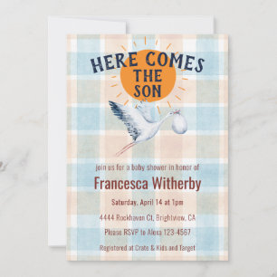 001 Sky Watercolor Plaid Stork Boho Baby Shower Invitation