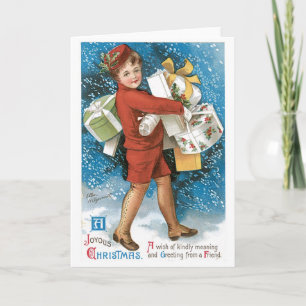 001 Vintage Christmas Card Little Boy Gifts Snow
