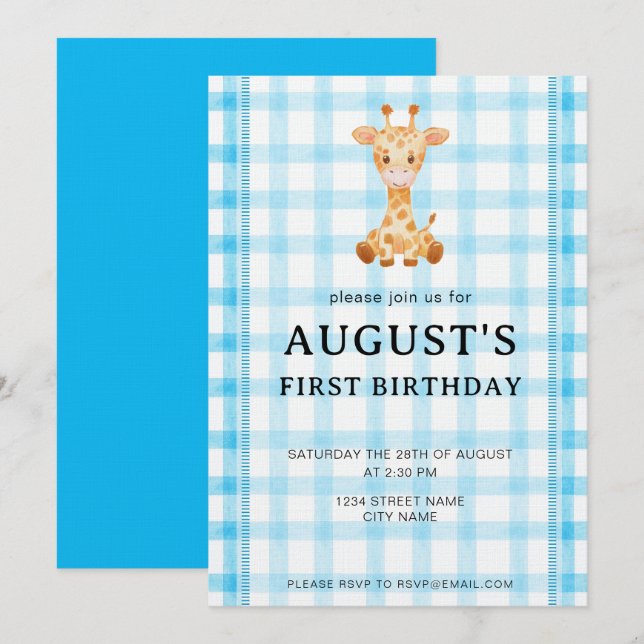 002 Cerulean Blue Check Giraffe Birthday Invite (Front/Back)