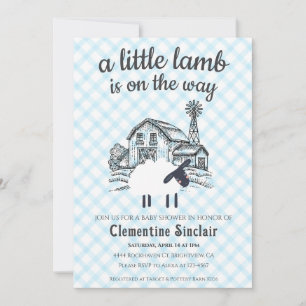 002 Cerulean Blue Little Lamb Gingham Baby Shower Invitation