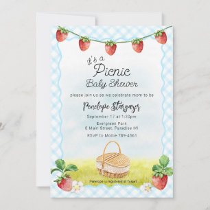 002 Cerulean Blue Strawberry Picnic Baby Shower Invitation
