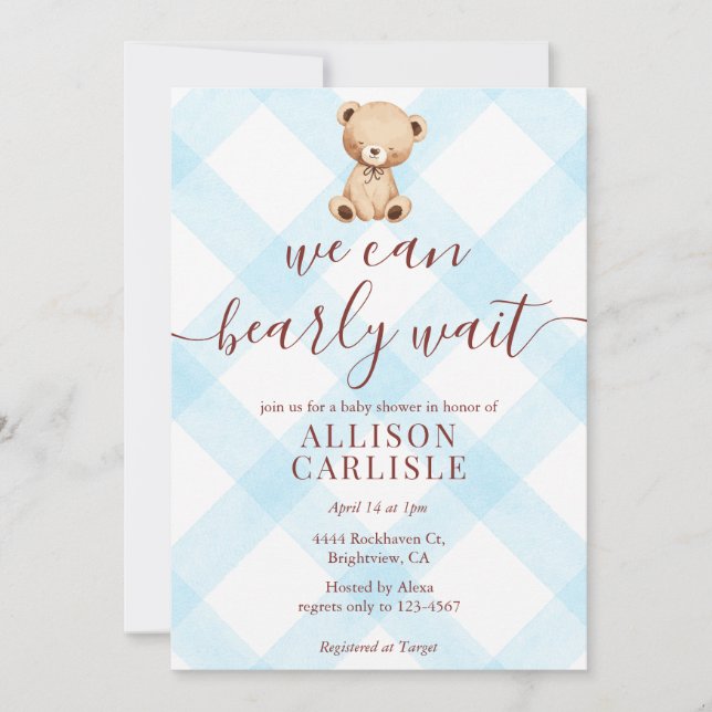 002 Cerulean Blue Teddy Bear Gingham Baby Shower Invitation (Front)