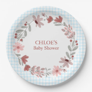 002 Cerulean Blue Wildflower Bow Frame Gingham Paper Plate