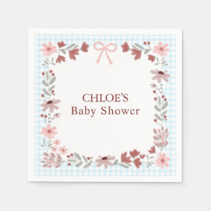 002 Cerulean Blue Wildflower Bow Gingham Shower Napkin