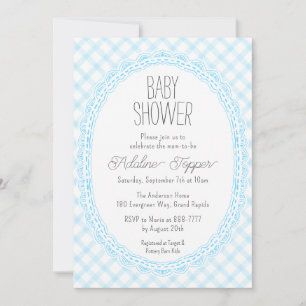 002 Cerulean Vintage Frame Gingham Baby Shower Invitation