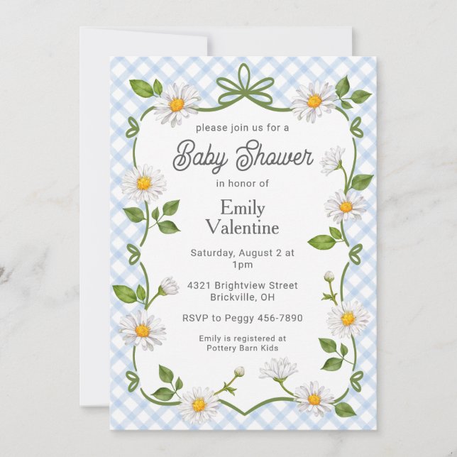 003 Cobalt Blue Floral Daisy Plaid Baby Shower Invitation (Front)
