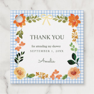 003 Cobalt Blue Floral Gingham Baby Shower Favour Tags