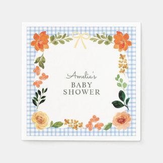 003 Cobalt Blue Floral Gingham Baby Shower Napkin