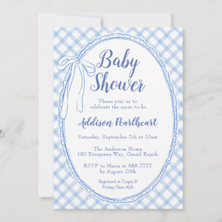 003 Cobalt Blue Heirloom Lace Gingham Baby Shower Invitation