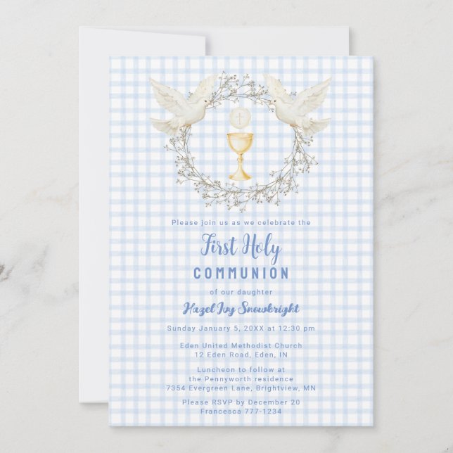 003 Cobalt Dove & Chalice Gingham 1st Communion Invitation (Front)