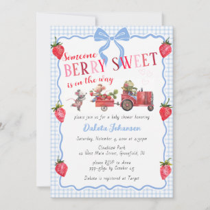 003 Cobalt Gingham Berry Sweet Farm Baby Shower Invitation